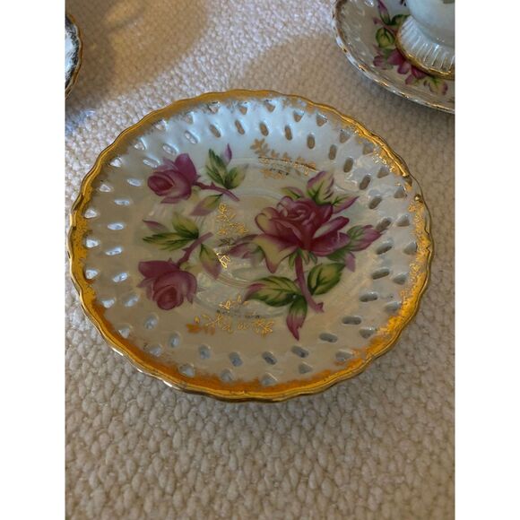 3 Manna Rose/Gold Lusterware Pedestal Cups with Reticulated Saucers - Picture 4 of 10
